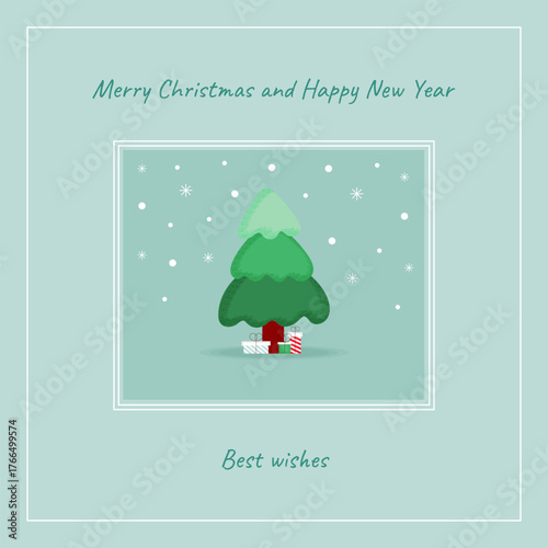 Christmas card with  christmas tree in doodle style on blue background. Merry Christmas and New Year postcard. Holiday poster. Invintation poster. Christmas template. Vector illustration.
