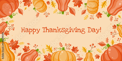 Thanksgiving isolated background with pumpkins, leaves and berries with text. Orange backdrop. Fall season. Autumn frame with fall elements. Thanksgiving border.Flat cartoon style. Vector illustration