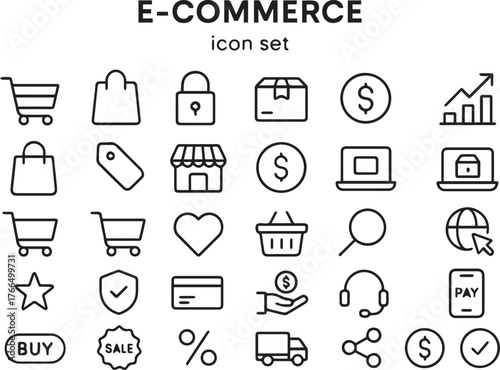 Monochromatic E-Commerce and Digital Transaction Line Art Set