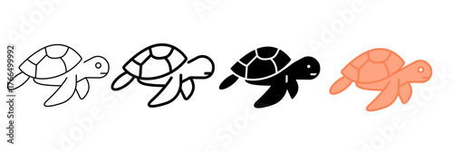 Set of minimalist turtle icons with transparent background, depicting sea creatures, marine animals, wildlife, and ocean fauna symbols, vector illustration