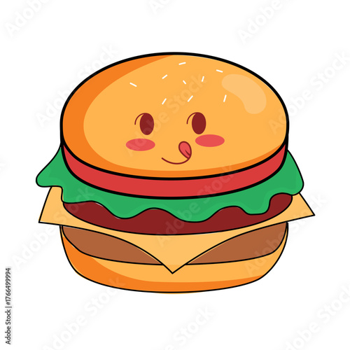 Delightful cartoon burger character with a playful expression, perfect for children's menus and cheerful food illustrations with a fun, whimsical style