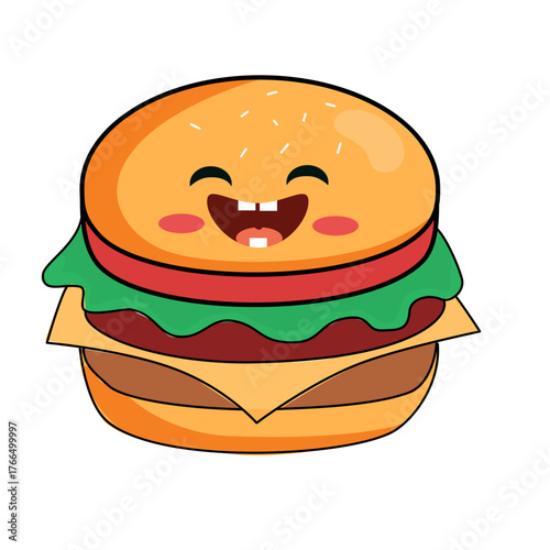 Delightful cartoon hamburger character with a joyful smile, perfect for children's menus, food blogs, or playful branding, a fun and tasty visual treat