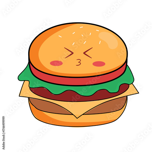Adorable cartoon burger with a cute expression, perfect for kids' menus, food blogs, or playful branding, guaranteed to add a touch of fun and flavor