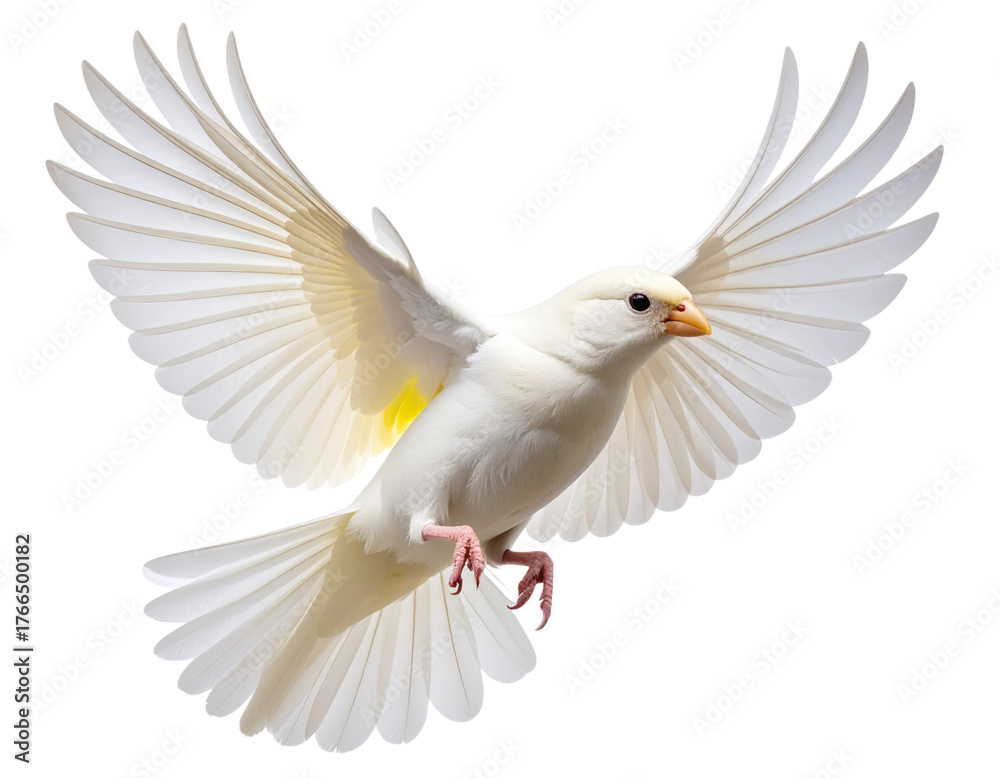 Obraz premium White Canary in Flight, Dynamic Angle, isolated