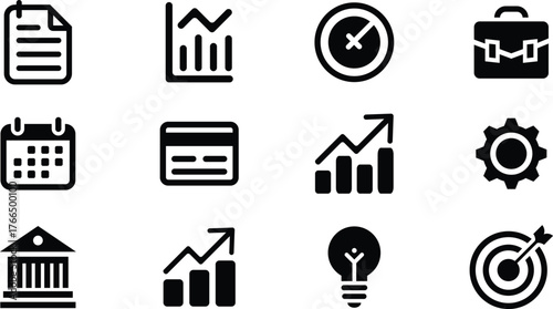 Business vector icons set with briefcase, chart, document, gear, credit card, calendar, graph, target, building, and light bulb in minimal clean silhouette design
