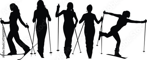 Cross country skiing silhouettes, winter sport athletes, skiing action poses, ski poles balance, outdoor fitness, snow activity, Nordic skiing illustration