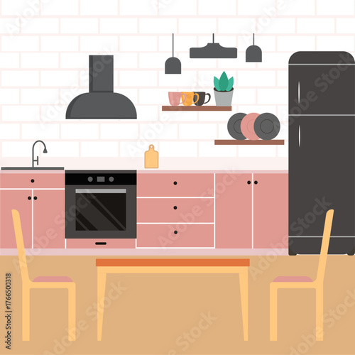 Vector illustration of a cozy kitchen interior with refrigerator, dining table, chairs, and pink cabinets. Warm pastel colors and minimal design create a stylish and homely atmosphere.