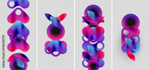 Abstract shapes, vibrant purple hues, layered forms create dynamic compositions. Minimalist background emphasizes colorful elements.