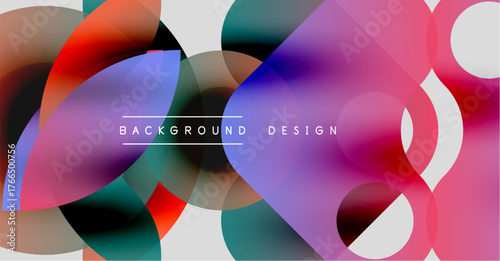 Abstract colorful layers create dynamic visual. Overlapping circles, fluid shapes, modern design elements present. Background features vibrant hues.