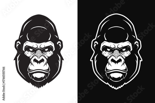 Gorilla head serious expression black and white tshirt design
