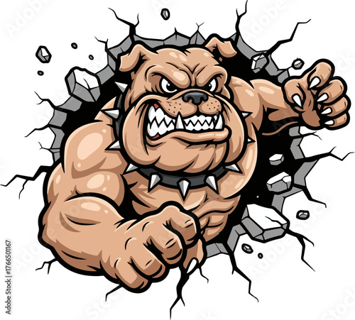 Aggressive bulldog mascot breaking through wall