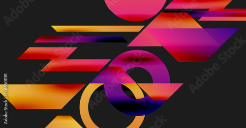 Abstract geometric shapes, vibrant gradients, dynamic composition. Bold colors create modern visual impact. Minimalist design, striking contrast.
