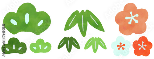 松竹梅の水彩風手描きイラストセット