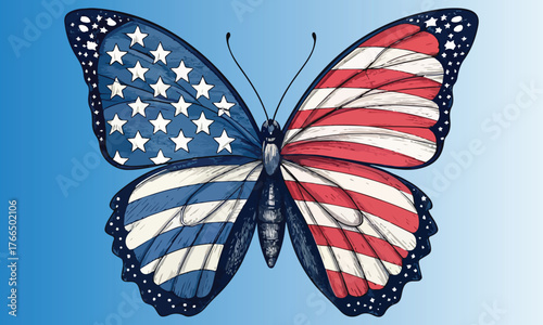 Beautiful patriotic butterfly illustration featuring wings designed with the American flag’s stars and stripes. Perfect for Independence Day themes, patriotic decorations, 4th of July designs .