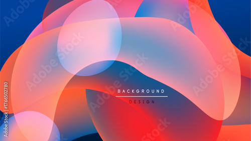 Abstract fluid shapes overlap, creating vibrant color gradients. Background features blue, orange, pink hues on black canvas.