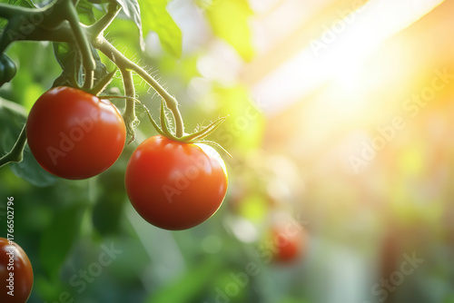 Close-up of ripe red tomatoes hanging from green vines bathed in bright morning sunlight in a lush garden. Concept of organic farming, growth, and natural freshness.