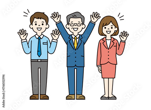 笑顔で喜ぶ、若いビジネスマンとビジネスウーマンと社長の全身ベクターイラスト素材セット＿カラー