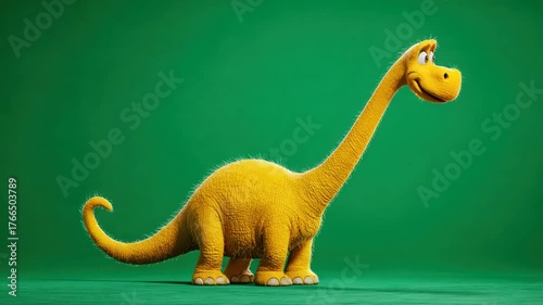 A friendly, yellow, cartoon dinosaur with a long neck stands against a green background