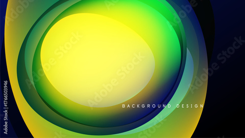 Abstract circular layers, vibrant colors blend. Yellow center radiates outward, green, blue hues dominate dark background. Modern design element.