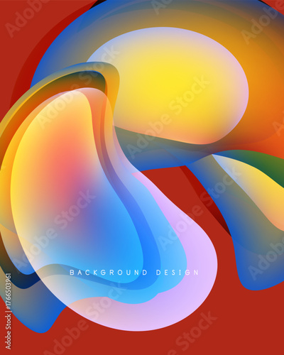 Abstract fluid shapes overlap, creating vibrant color gradients. Red background complements yellow, blue hues. Modern design element.
