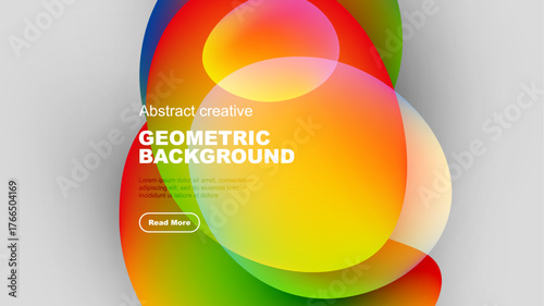 Vibrant abstract shapes overlap, creating colorful background. Text promotes geometric design, includes button. Modern, dynamic composition.