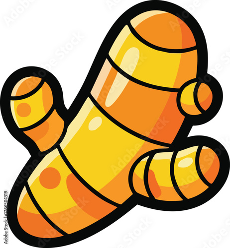 A Bright Yellow Ginger Root With Orange Stripes And Four Knobby Branches On A White Background With A Black Outline
