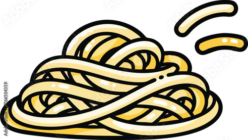 A close up of a pile of yellow spaghetti noodles with a white background