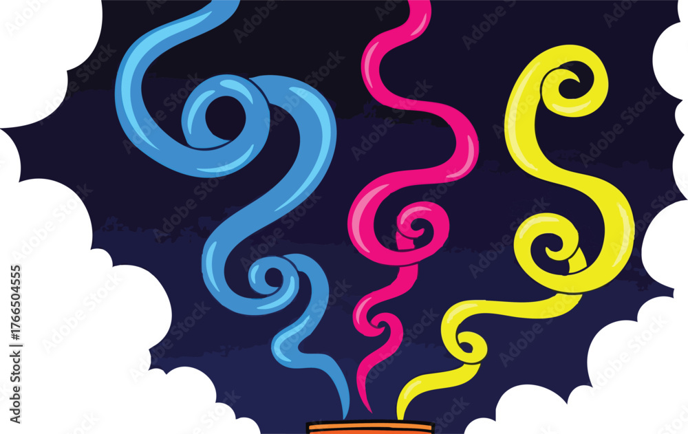 Fototapeta premium Abstract Colorful Smoke Swirls Ascending From Ornate Base Against Dark Night Sky With Wispy Clouds