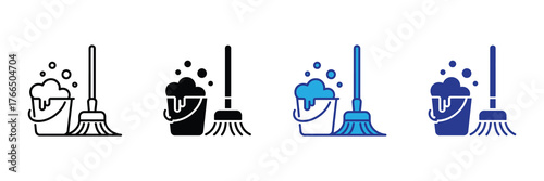 Set of cleaning icons including a bucket with foam and bubbles and a mop, isolated on white background