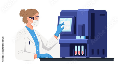 Female scientist in a lab coat operating a blood analyzer machine, medical research and diagnostics vector illustration on a white background