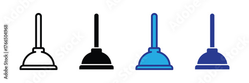 Set of four plunger icons in different styles outline, solid black, blue, and dark blue, isolated on white background