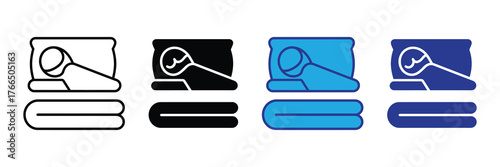 Set of four icons representing sleep, rest, and relaxation, including a person sleeping on a pillow with folded blankets below, in various styles and colors