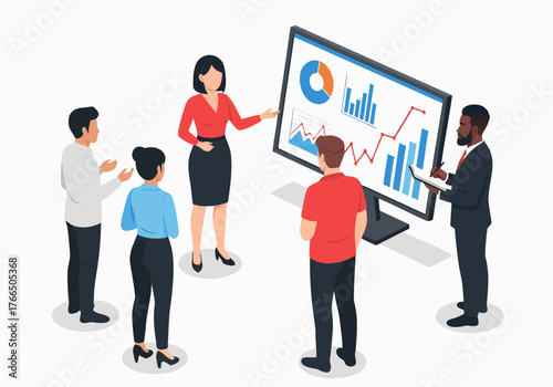 Business meeting in progress with a team analyzing financial growth charts on a large monitor