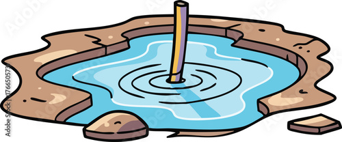Cartoon illustration of a small pond with a wooden pole in the center and rocky shores