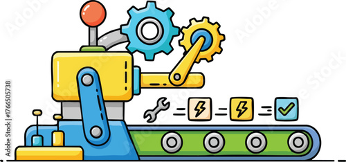 Cartoon manufacturing machine with gears and conveyor belt processing items and producing a checkmark illustration