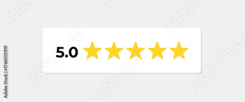 Five golden stars rating vector. Perfect 5.0 customer review or success feedback icon. Quality service symbol