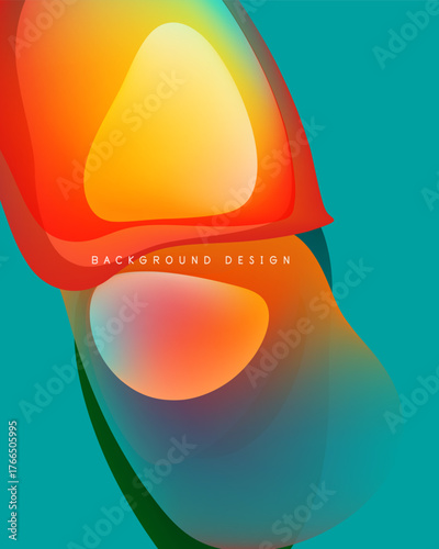 Abstract shapes overlap, creating vibrant color gradients. Turquoise background complements orange, yellow, green hues. Modern design element.