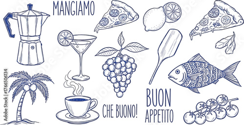 Vector art of handdrawn italian food and drink elements, including a moka pot, pizza, cocktail, coffee, grapes, lemons, and a fish