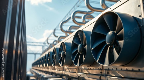 Cooling tower fans of a data center or industrial facility with natural sunlight