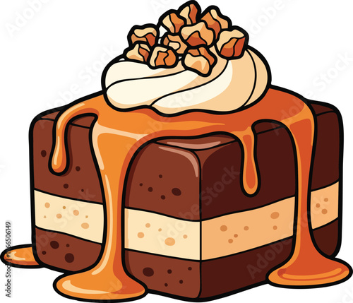 Chocolate Cake Square With Caramel Drizzle And Whipped Cream Topping And Chopped Nuts