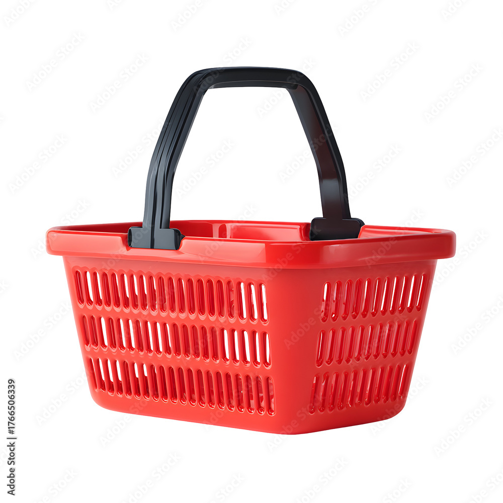 Fototapeta premium Bright red plastic shopping basket with black handle isolated on transparent background