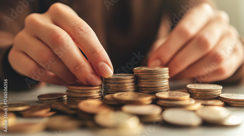 Sorting coins on table