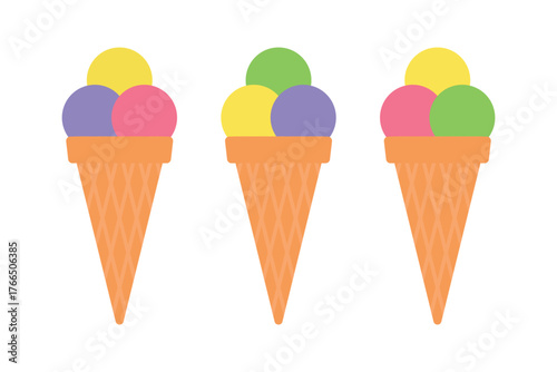 A set of ice cream cone icons with multicolored scoops. Ice cream with three scoops. Isolated vector illustration on a white background
