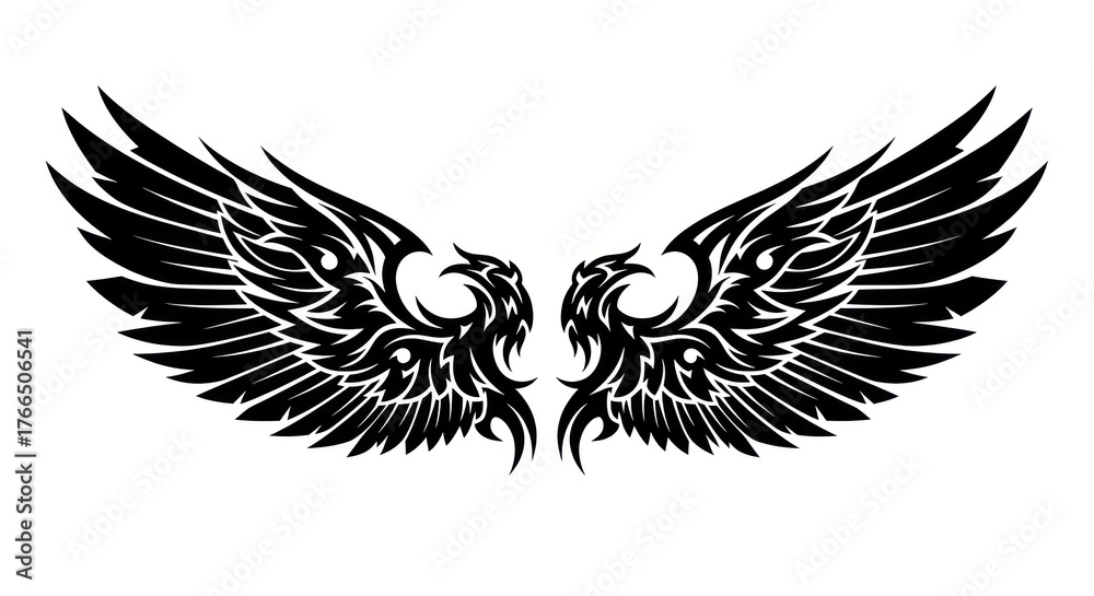 Obraz premium Symmetrical wing illustration showcasing detailed feather patterns in black against white
