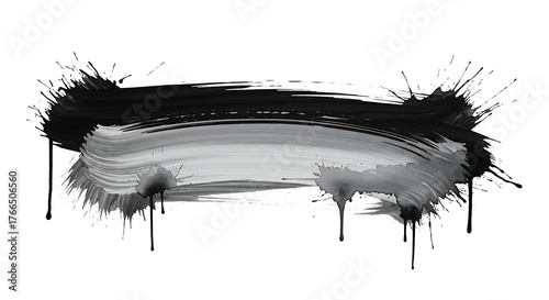 A brush stroke with black and gray paint splatters and drips on a white isolated background design element