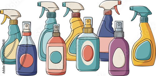 Collection Of Cleaning Spray Bottles In Assorted Colors And Shapes With Label Space