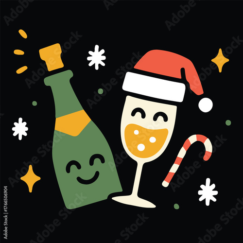 Cute Cartoon Champagne Bottle and Glass with Confetti in Flat Vector Style