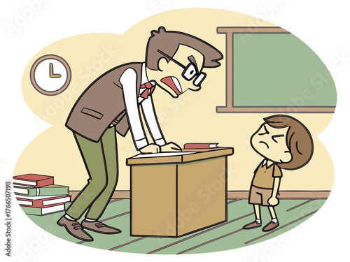 Teacher angry at student, study, misunderstanding, bad grade, angry teacher, angry elementary school teacher wearing glasses, a wooden desk, scolding a student, classroom back
