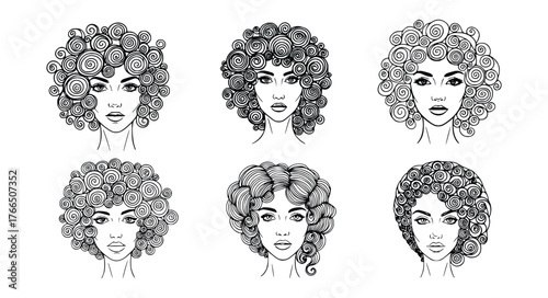 Vector art of curly hair styles, showcasing diverse and fashionable female hairstyles in black and white
