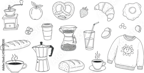 Vector art of handdrawn collection of breakfast and coffee items including coffee maker, cups, bread, croissant, pretzel, and sweater
